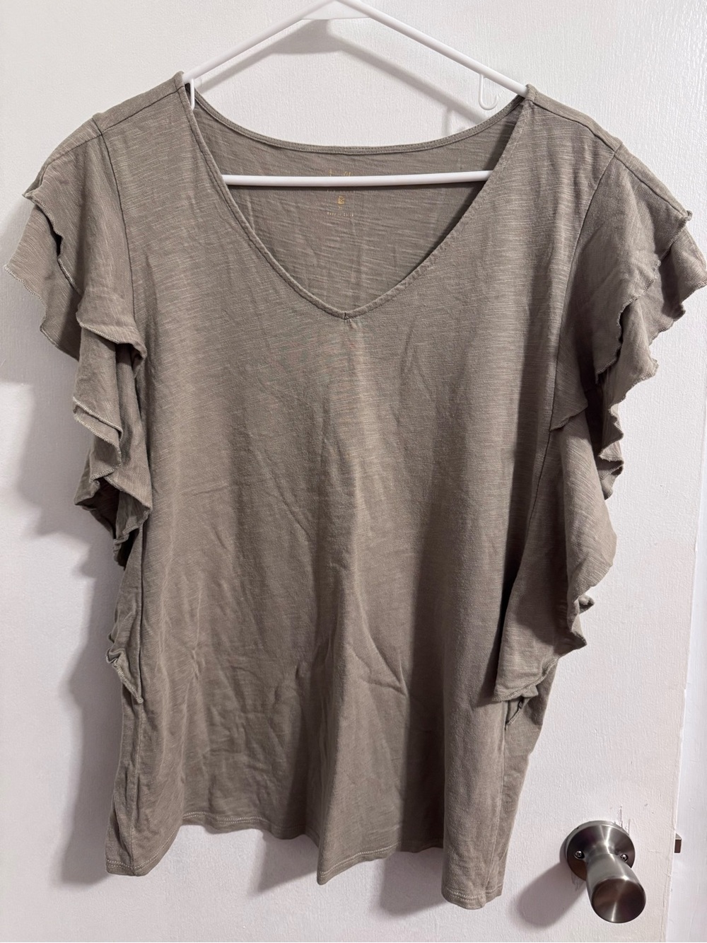 Belle by Kim Gravel Taupe Ruffle Sleeve V-Neck Top